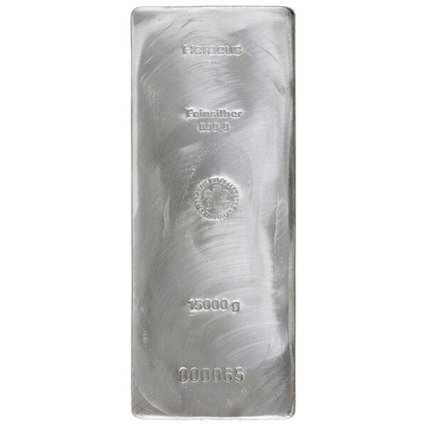 15 kg Heraeus Silberbarren mit Herstellerlogo, Feingewicht und Feinheitsangabe