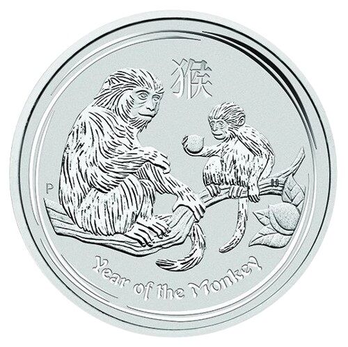Rückseite der Lunar II Affe Silbermünze 1 kg 2016 mit Affen-Motiv, Feingewicht und Feingehalt