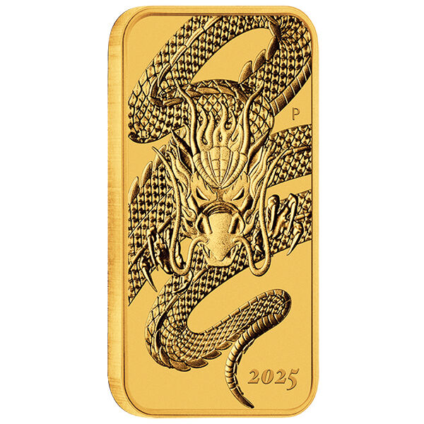 Seitliche Ansicht des 1 Unze Rectangular Dragon Goldbarrens 2025 der Perth Mint