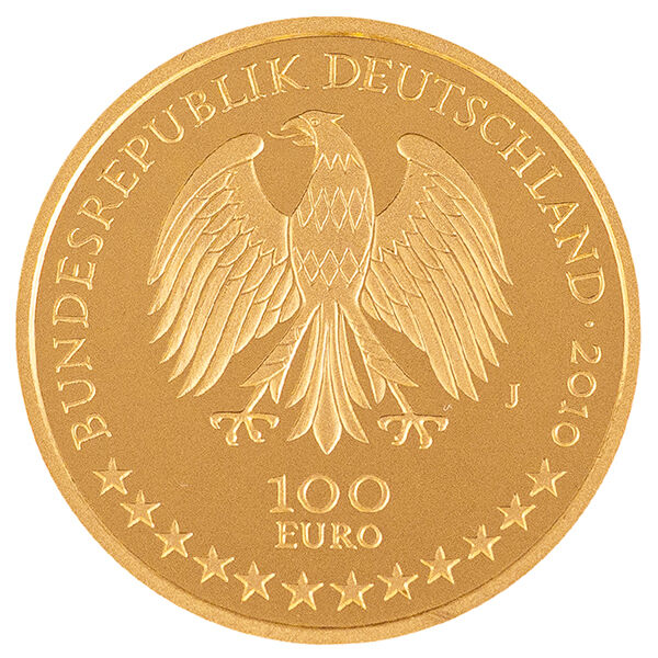 Wertseite der 100 Euro Goldmünze Würzburg 2010 mit Bundesadler, Nennwert 100 Euro und Prägejahr