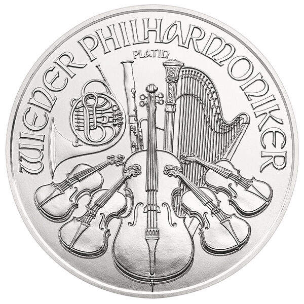 Wiener Philharmoniker Anlagemünze 1 Unze in Platin zeigt die Wertseite mit Instrumenten