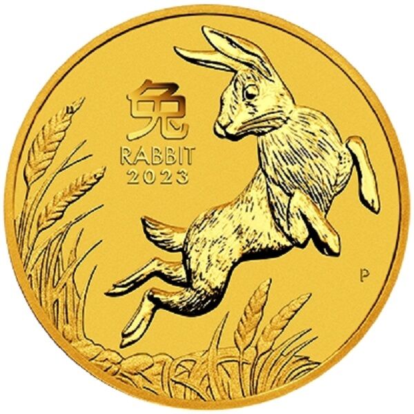 Rückseite der Lunar III Hase Goldmünze 1/2 Unze 2023 mit Hase-Motiv, Feingewicht und Feingehalt