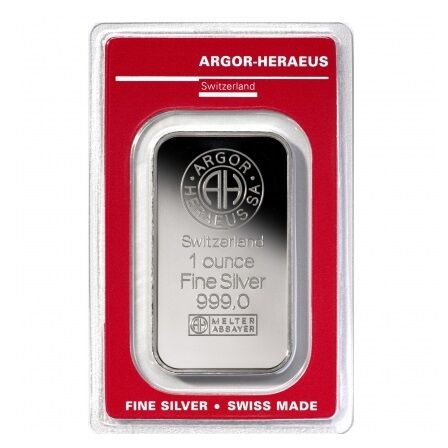1 Unze Silberbarren Vorderseite Argor Heraeus Moroder Scheideanstalt