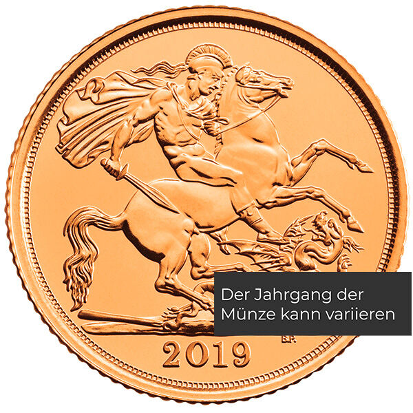 Weitere Rückseitenansicht der Sovereign Goldmünze Full Sovereign 1 Pound 2019 mit Sankt Georg und Drachenmotiv