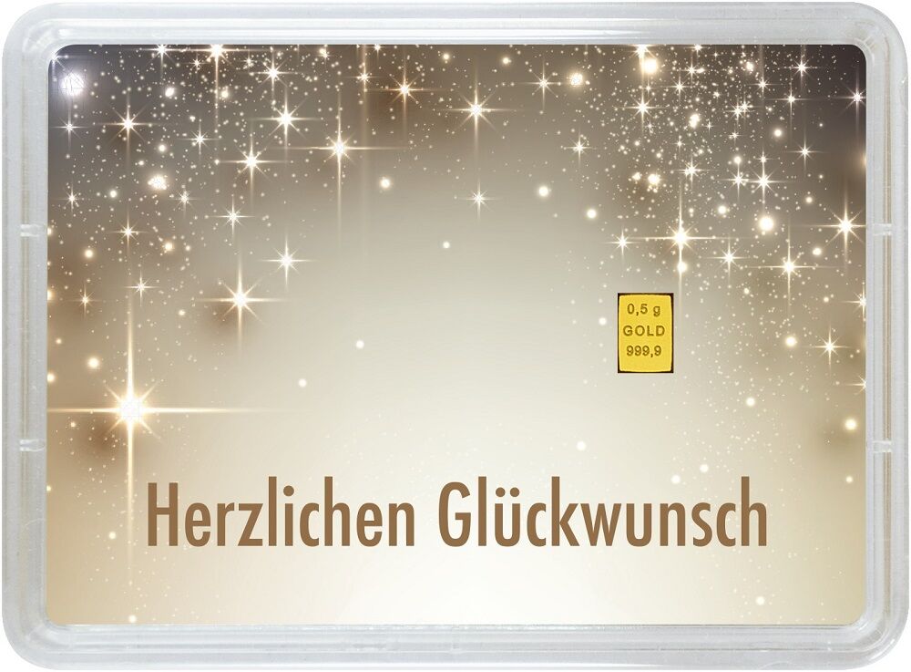Vorderseite des 0,5 g Valcambi Geschenkbarrens Geburt mit sichtbarem Goldbarren