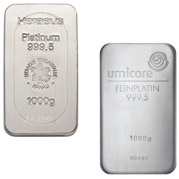 1 kg Platinbarren verschiedener Hersteller als Beispiele für Platin-Anlagebarren