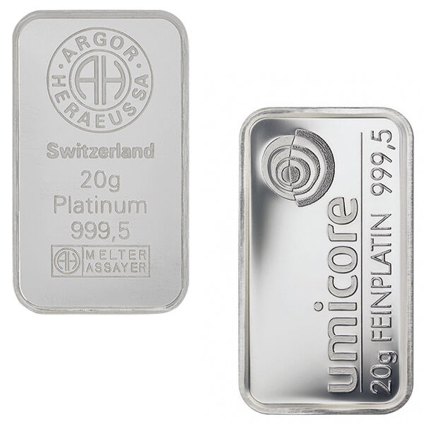 20 g Platinbarren verschiedener Hersteller als Beispiele für Platin-Anlagebarren