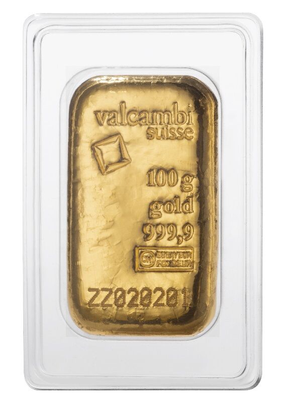 100 g Goldbarren gegossen Rückseite Valcambi 100 g Goldbarren gegossen Rückseite Valcambi
