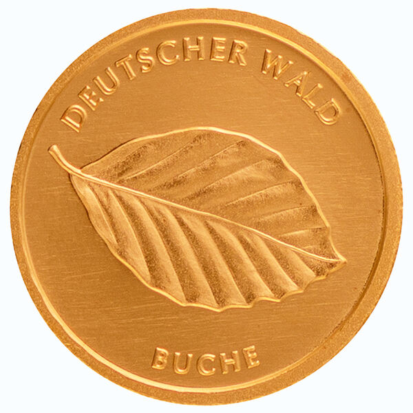 Vorderseite der 20 Euro Goldmünze Deutscher Wald 2011 mit Bundesadler, Nennwert und Prägejahr