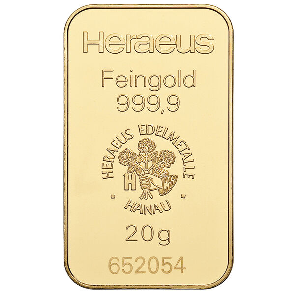 20 g Goldbarren Heraeus geprägt 20 g Goldbarren Heraeus geprägt