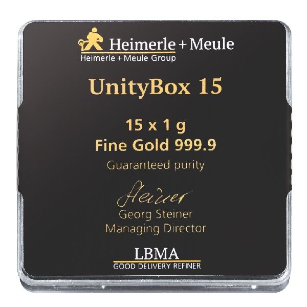 Rückseite der Heimerle + Meule UnityBox mit 15 einzelnen 1 g Goldbarren und Produktangaben