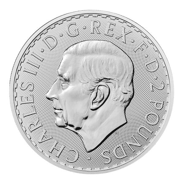 Vorderseite der Britannia Silbermünze 1 Unze 2023 mit Porträt von Charles III., Nennwert und Jahrgang