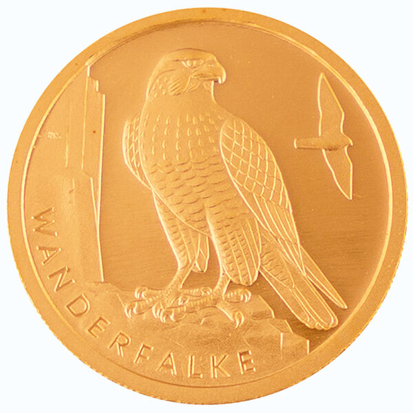 Vorderseite der 20 Euro Goldmünze Heimische Vögel 2019 mit Bundesadler, Nennwert und Prägejahr