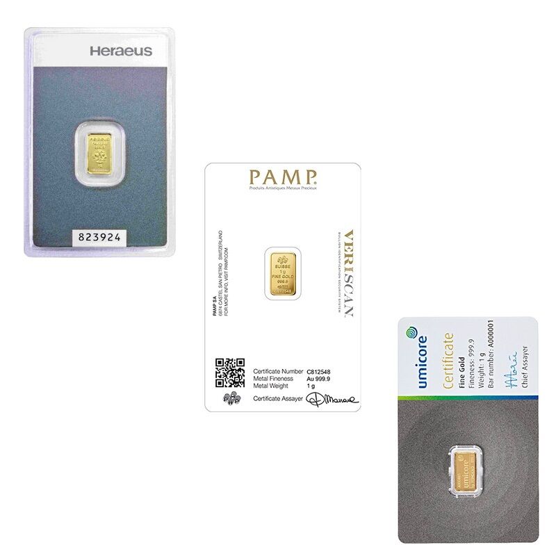 1 g Goldbarren verschiedener LBMA-zertifizierter Hersteller