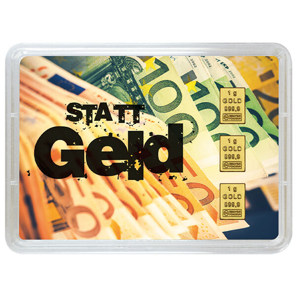 Gold statt Geld Geschenkekarte 3 x 1 g Goldbarren Goldbarren Geschenkekarte mit 3 x 1 g Goldbarren von Valcambi zeigt Gold statt Geld auf dem Blister