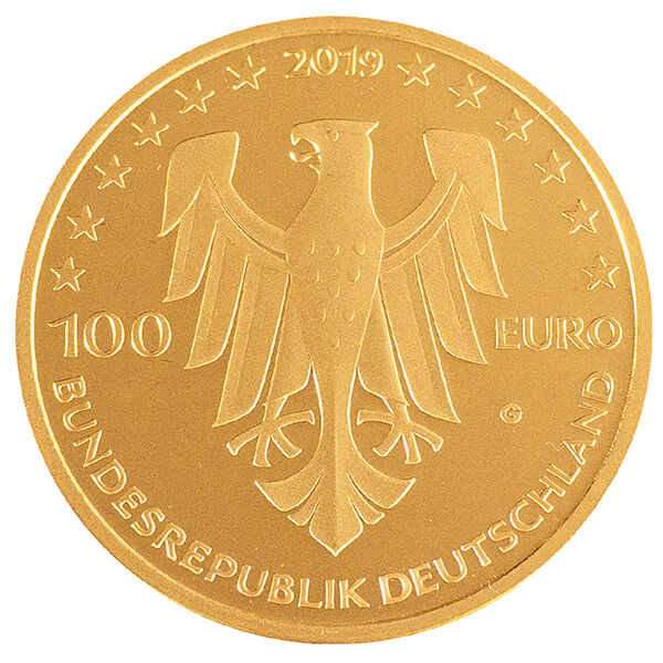 Wertseite der 100 Euro Goldmünze Dom zu Speyer 2019 mit Bundesadler, Nennwert und Jahrgang