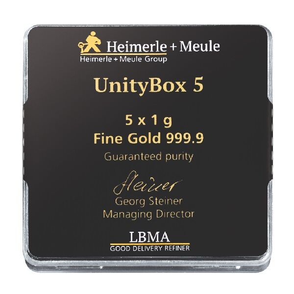 Rückseite der Heimerle + Meule UnityBox mit 5 einzelnen 1 g Goldbarren und Produktangaben