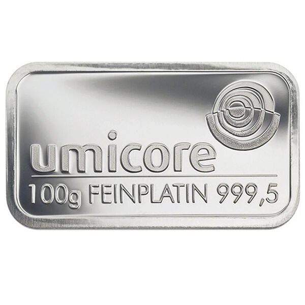 100 g Umicore Platinbarren als Beispiel für Anlageplatin
