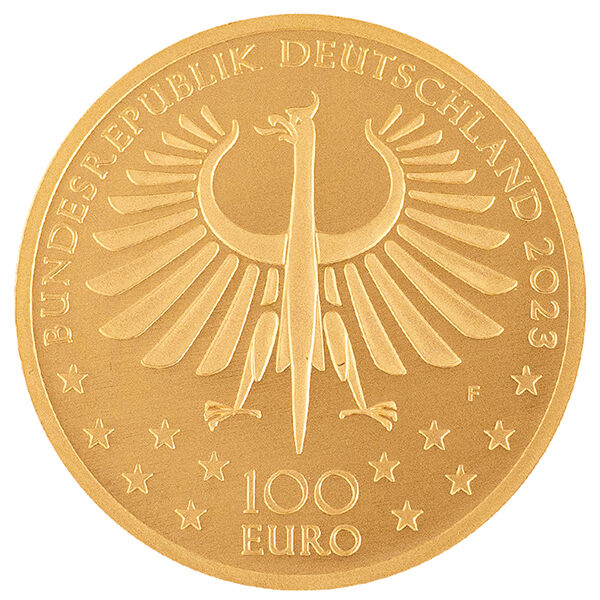 Wertseite der 100 Euro Goldmünze Faust 2023 mit Bundesadler, Nennwert und Jahrgang