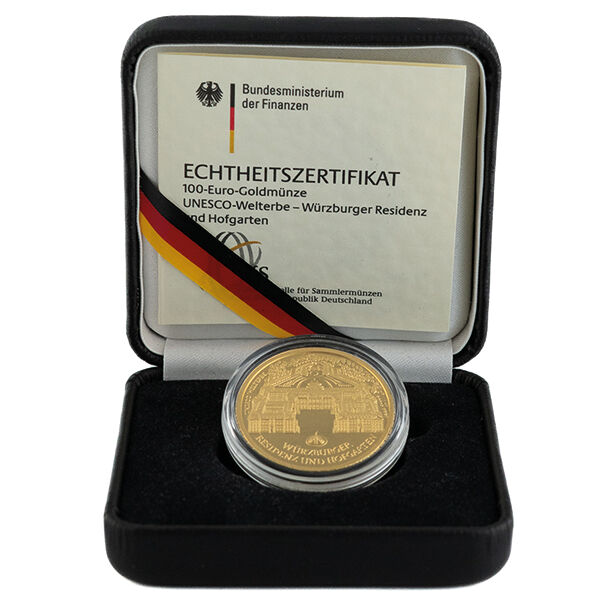 100 Euro Goldmünze Würzburg 2010 in Hartschalenbox mit Zertifikat und geöffneter Präsentationsverpackung