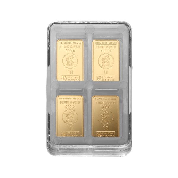 Rückseite der Heimerle + Meule UnityBox mit 32 einzelnen 1 g Goldbarren und Produktangaben