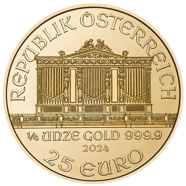 1/4 Unze Gold Wiener Philharmoniker 2025 Wiener Philharmoniker 1/4 Unze Goldmünze mit 25 Euro Nennwert und Feinheit 999.9