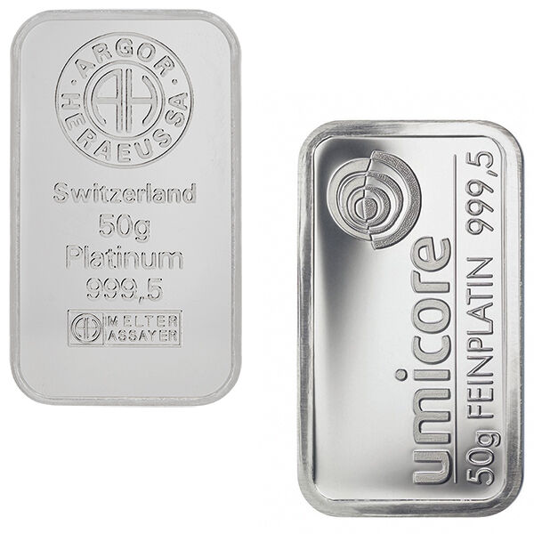 50 g Platinbarren verschiedener Hersteller als Beispiel für gängige Anlagebarren aus Platin