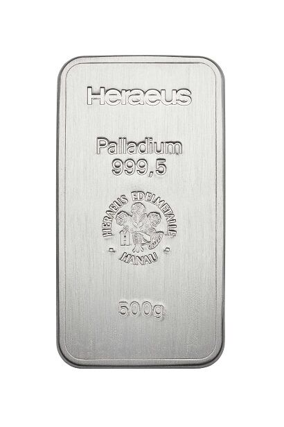500 g Heraeus Palladiumbarren mit Herstellerlogo, Feingewicht und Feinheitsangabe