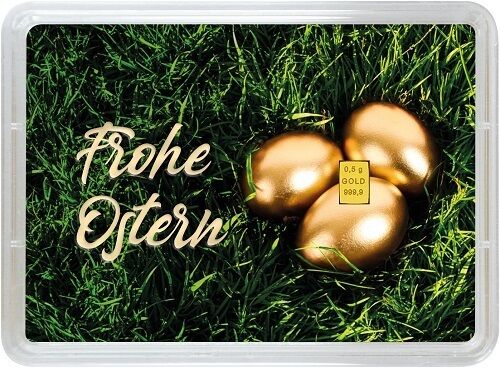 0,5g Goldbarren Geschenk Frohe Ostern Vorderseite Valcambi Moroder Scheideanstalt 0,5g Goldbarren Geschenk Frohe Ostern Vorderseite Valcambi Moroder Scheideanstalt