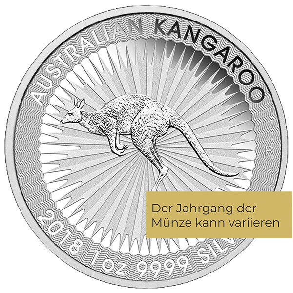 Weitere Rückseitenansicht der Australian Kangaroo Silbermünze 1 Unze 2018 mit Kangaroo-Motiv, Feingewicht und Feingehalt