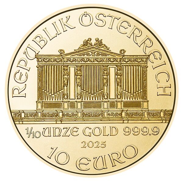 1/10 Unze Wiener Philharmoniker 2025 Vorderseite Moroder Scheideanstalt 1/10 Unze Wiener Philharmoniker 2025 Vorderseite Moroder Scheideanstalt