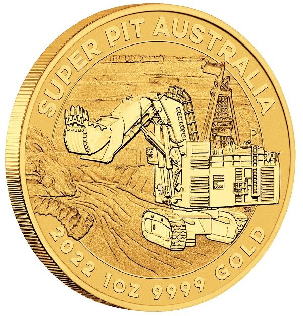 Weitere Rückseitenansicht der Super Pit Australia Goldmünze 1 Unze 2022 mit Super-Pit-Motiv, Feingewicht und Feingehalt