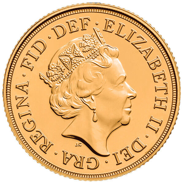 Rückseite der Sovereign 1 Pfund Goldmünze 2017 mit Wappenmotiv und Jahrgang