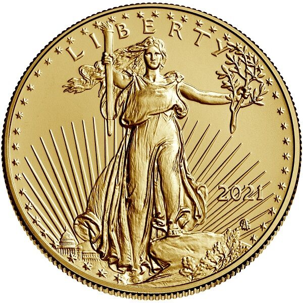Vorderseite der American Eagle Goldmünze 1/2 Unze 2021 mit Liberty-Motiv, Nennwert und Jahrgang