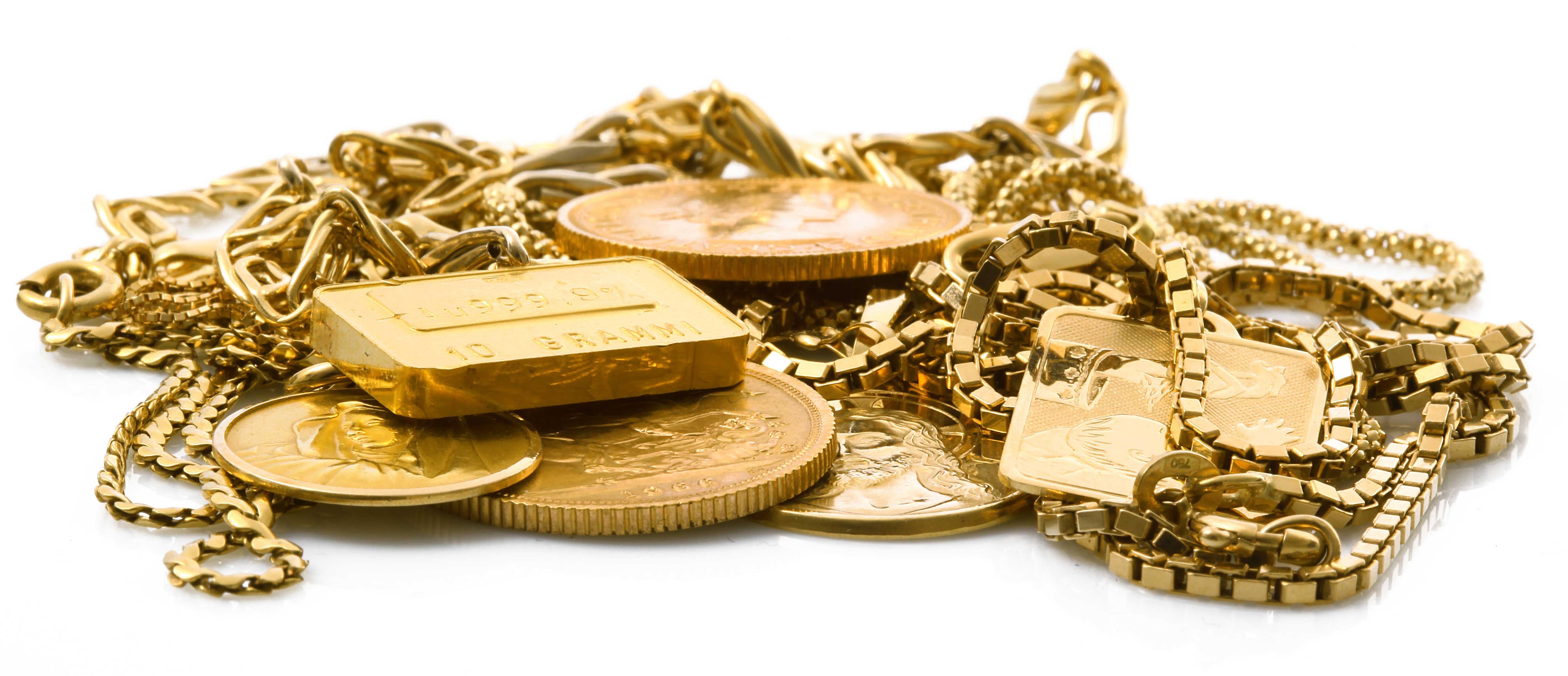 Goldbarren, Goldketten und Anlagemünzen als Beispiele für den Verkauf von Altgold und Anlagegold