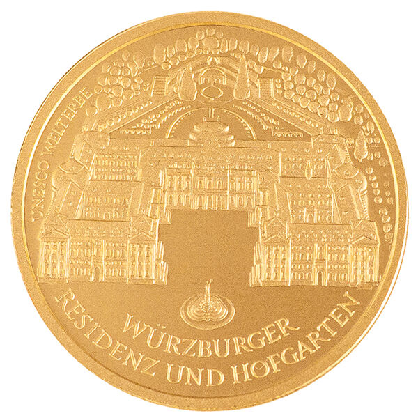 Goldeuro 100 € Würzburger Residenz und Hofgarten Goldeuro 100 € von 2010 mit Würzburger Residenz und Hofgarten als Motiv zeigt hier die Vorderseite