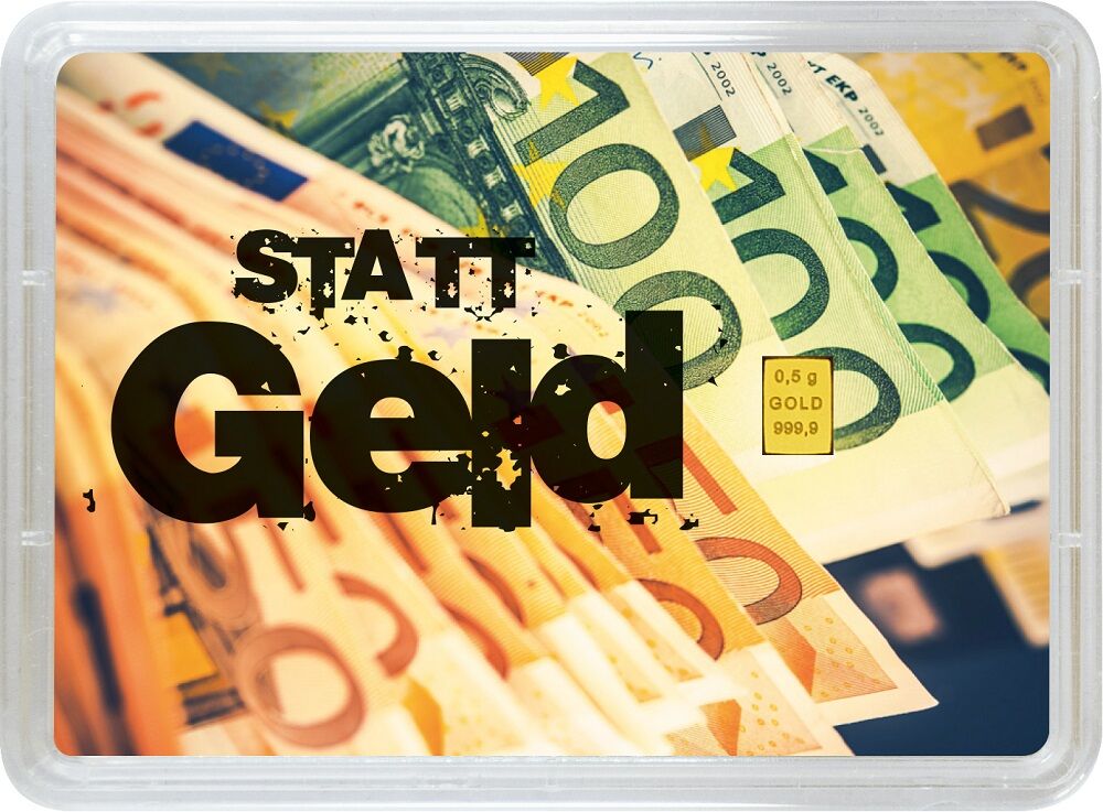Rückseite des 0,5 g Valcambi Gold-Geschenkbarrens Gold statt Geld mit Geschenkverpackung und Produktangaben