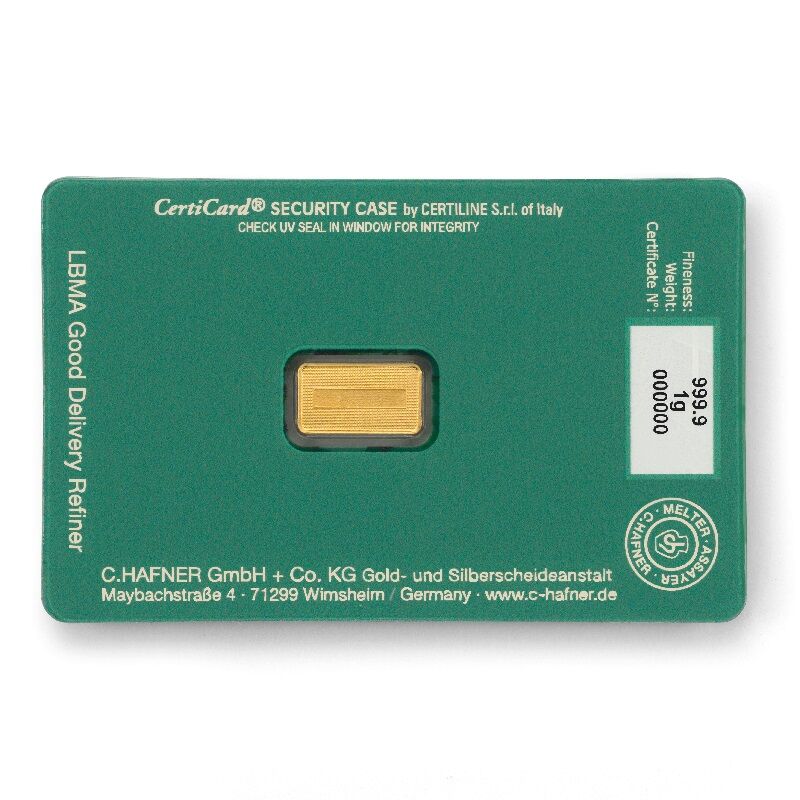 Rückseite des 1 g C. Hafner Geschenkbarrens Happy Birthday mit Produktangaben