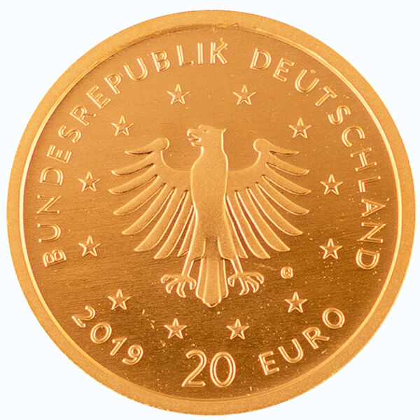 Rückseite der 20 Euro Goldmünze Heimische Vögel 2019 mit Wanderfalke als Münzmotiv