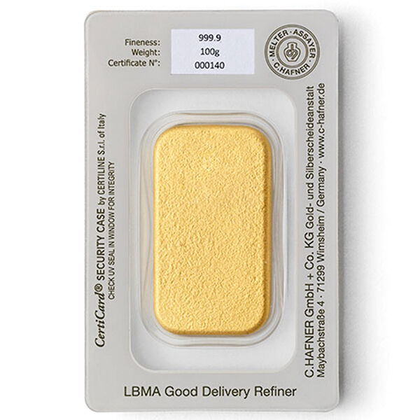 Rückseite eines gegossenen 100 g C. Hafner Goldbarrens im Blister mit Produktangaben