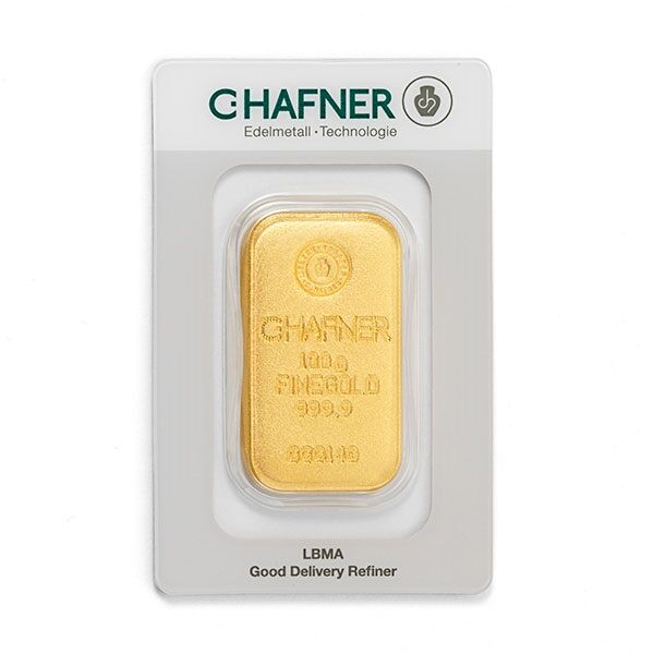 100 g Goldbarren gegossen Vorderseite C.Hafner Moroder Scheideanstalt 100 g Goldbarren gegossen Vorderseite C.Hafner Moroder Scheideanstalt