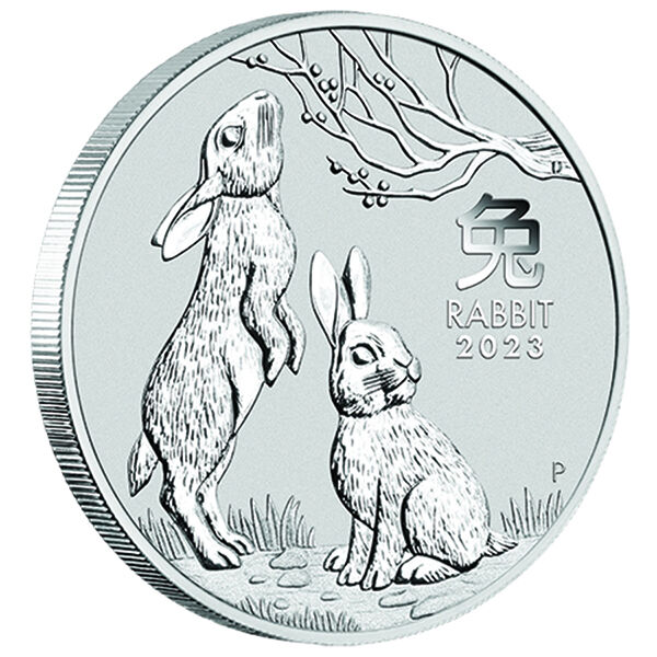 Randansicht der Lunar III Hase Silbermünze 1 kg 2023 mit sichtbarer Münzdicke