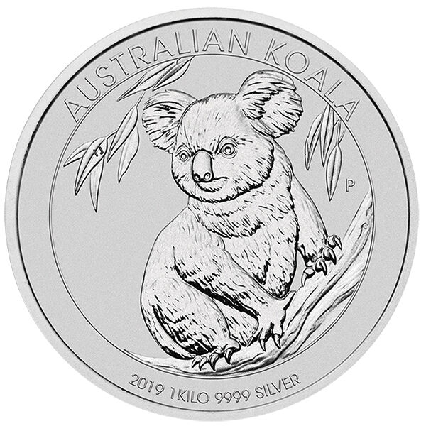 Silbermünze Australian Kangaroo 1 Kilo von der Royal Perth Mint zeigt ein Koala unter einem Eukalyptuszweig
