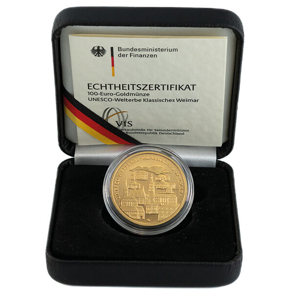 100 Euro Goldmünze Klassisches Weimar 2006 in geöffneter Hartschalenbox mit Zertifikat und sichtbarer Münze