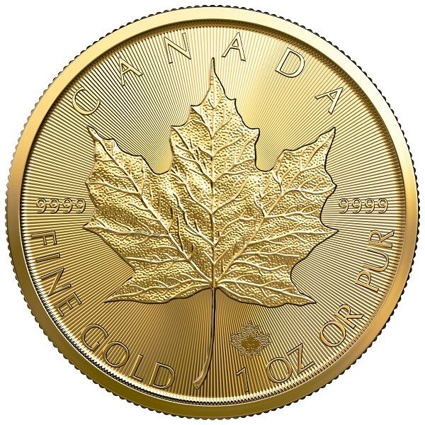 Rückseite der Maple Leaf Goldmünze 1 Unze mit Ahornblatt-Motiv, Feingewicht und Feingehalt
