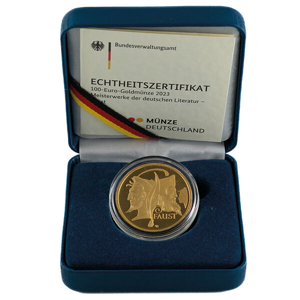 100 Euro Goldmünze Faust 2023 in Hartschalenbox als Sammler- und Anlagemünze