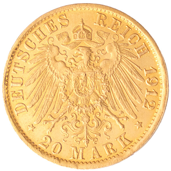 Rückseite der 20 Mark Kaiserreich Goldmünze Wilhelm II. mit Reichsadler, Nennwert und Jahrgang