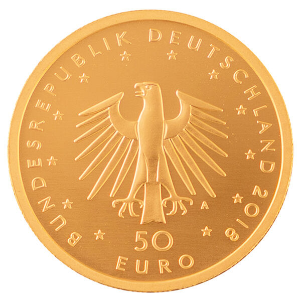 Weitere Wertseitenansicht der 50 Euro Goldmünze Kontrabass 2018 mit Bundesadler, Nennwert und Jahrgang