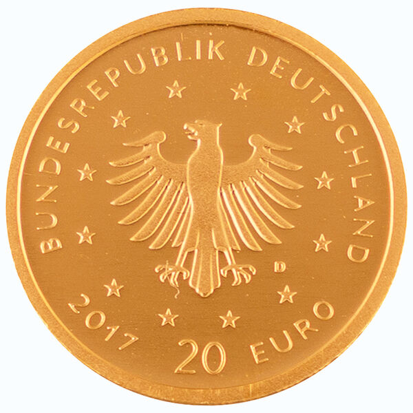 Rückseite der 20 Euro Goldmünze Heimische Vögel 2017 mit Pirol als Münzmotiv