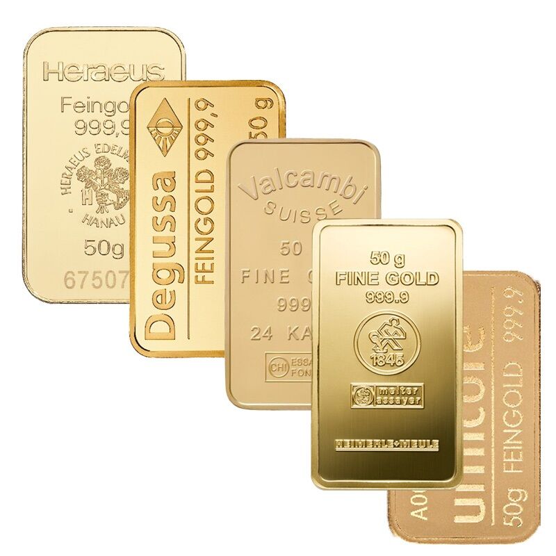 50 g Goldbarren verschiedener LBMA-zertifizierter Hersteller als Beispiel für Anlagegold